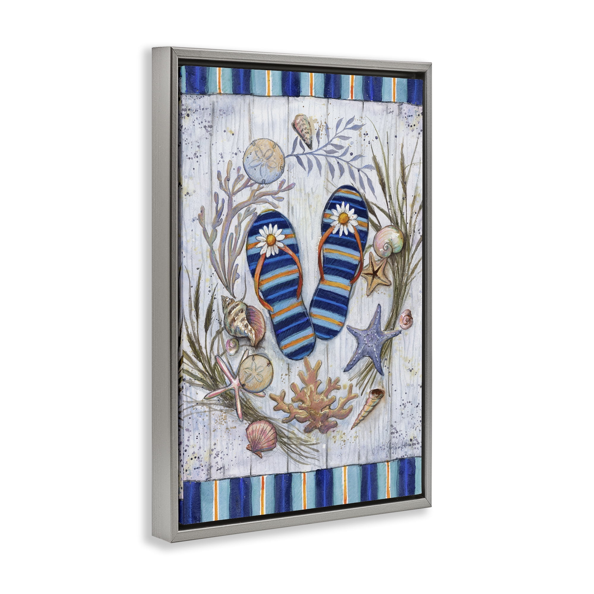 Stupell Industries Coastal Wreath & Flip Flops Nautical & Beach Painting Gray Floater Framed Canvas Art Print Wall Art, 17 x 25