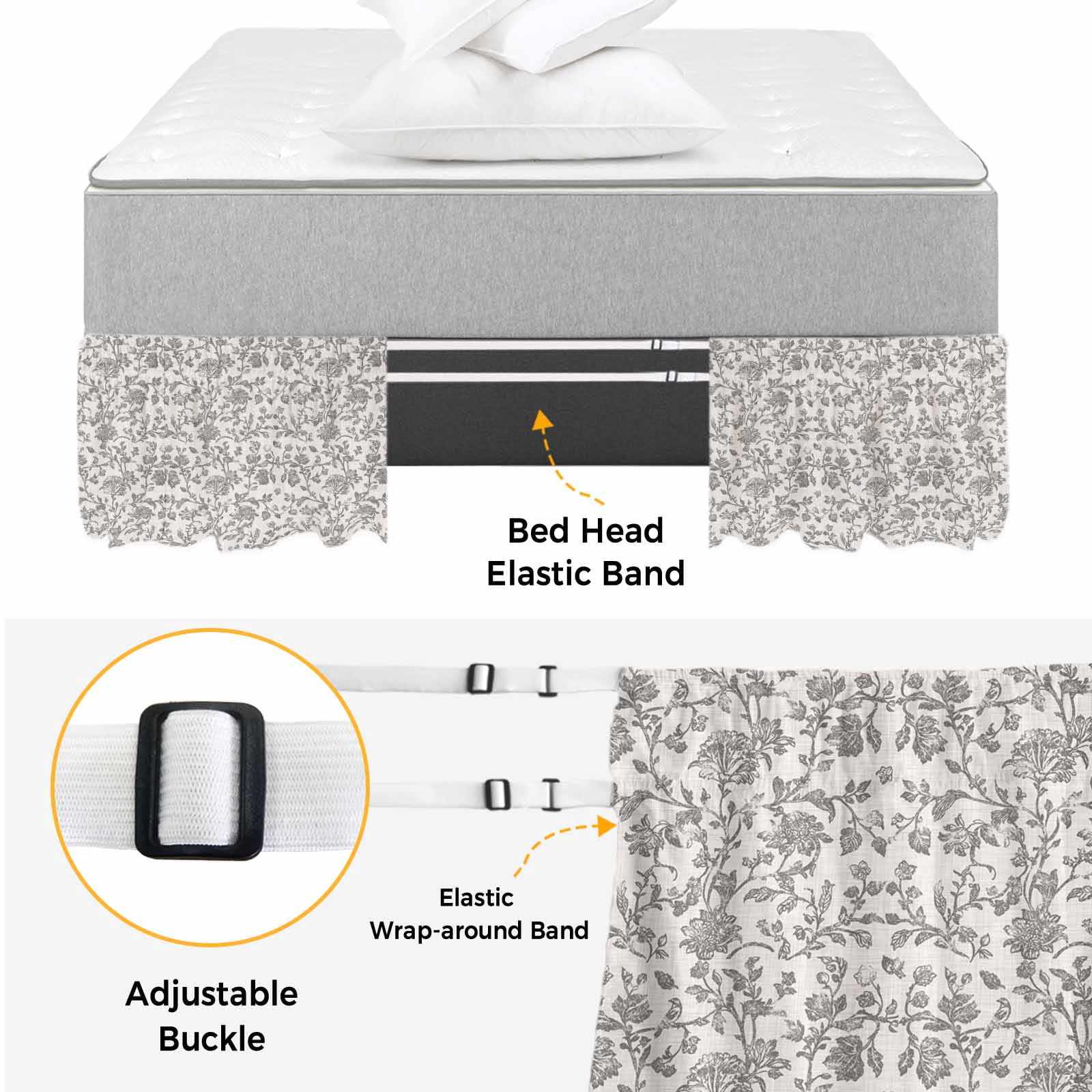 Farmhouse Grey Bed Skirt Queen Size, Vintage Flower Leaf Botanical Plant Wrap Around Bed Skirting with Adjustable Elastic Strap, Dust Ruffle Pleated Bedskirts 16 Inch Drop for Bedroom Queen Beds