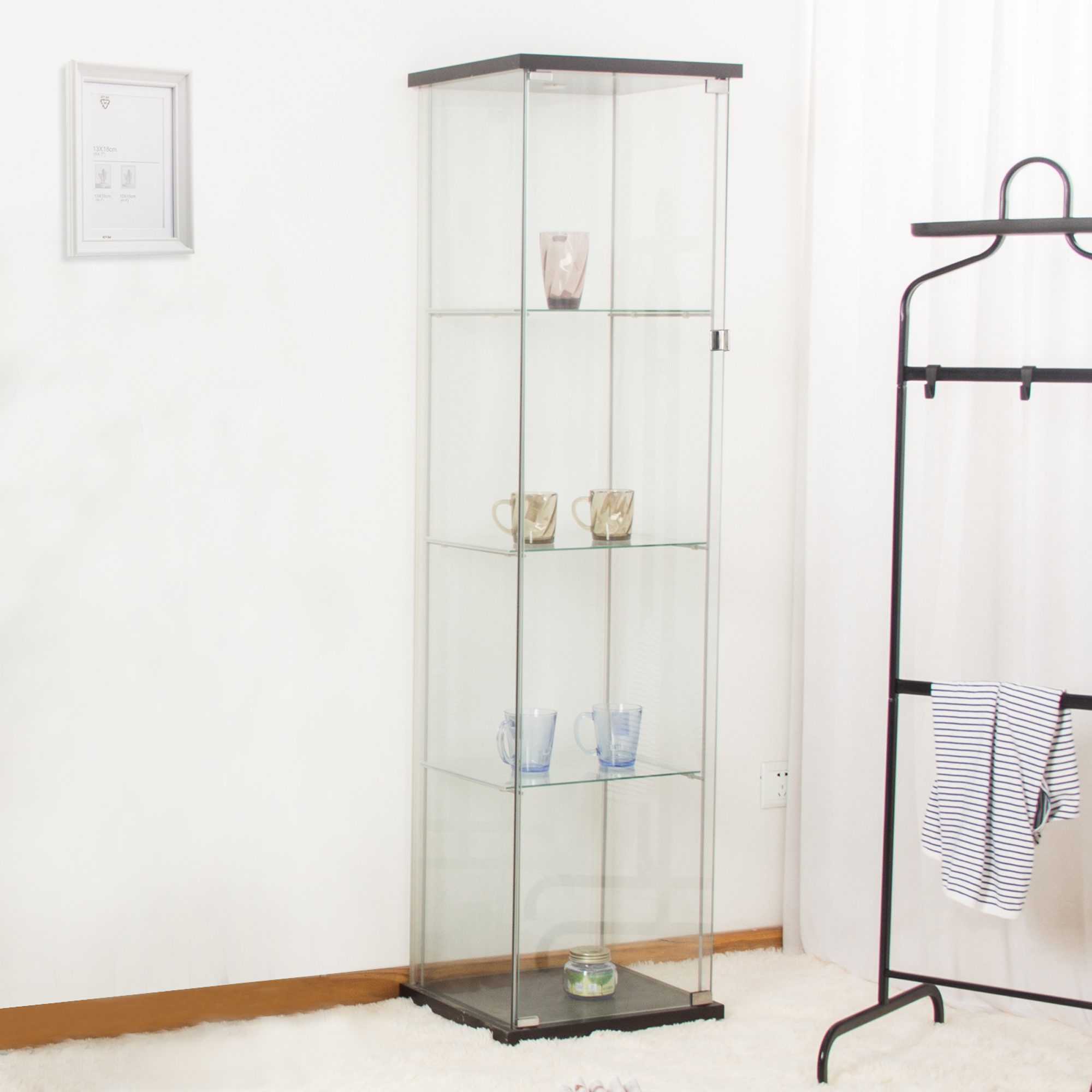 4 Tiers Glass Display with Door, 64" H Tempered Glass Floor