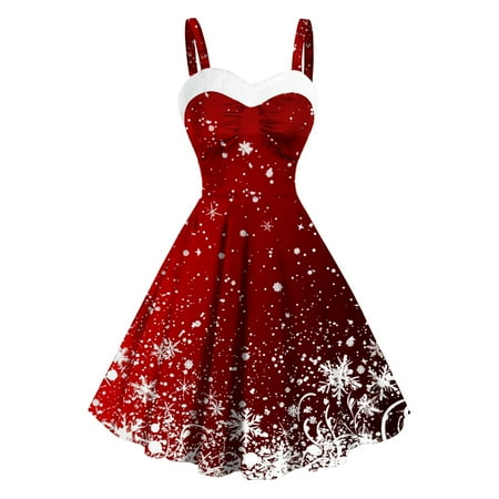 Christmas Dress for Women - Formal Dresses Womens Womens Vintage Christmas Dress Snowflake Printed Dresses Sleeveless Tunic Dress