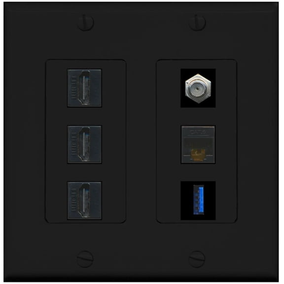 Ultra Spec Cables 3 Port HDMI Coax Cat6 Ethernet USB Wall Plate 2 Gang Black