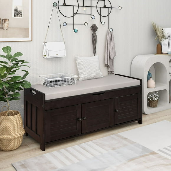 Wood Storage Bench with 3 Shutter Doors, Shoe Bench with 2 Size Storage Space and with Removable Cushion and Hidden Storage Space for Living Room