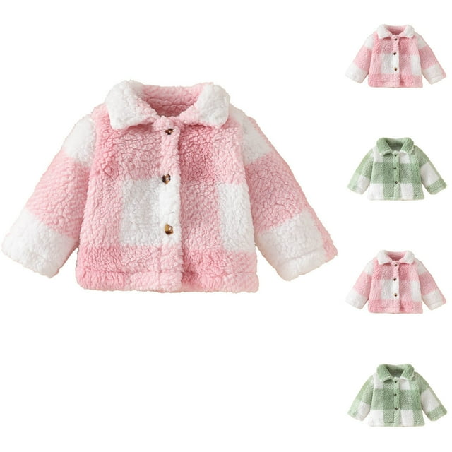 6M-3Y Girls Coat Winter Warm Outerwear Fleece Plaid Print Drop Shoulder Teddy Jacket Button Front Fall Jacket Green