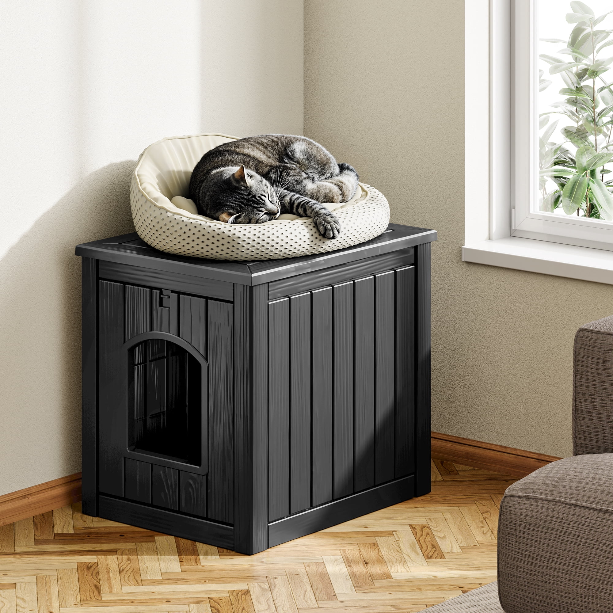 Bifanuo Outdoor Cat House, Outside Multiple Kitty Feral Cat Houses, Weatherproof Shelter for Ferrel Cats and Dogs, Durable PP Materia, Insulated Shelter for Garden, Patio, or Backyard(Black)