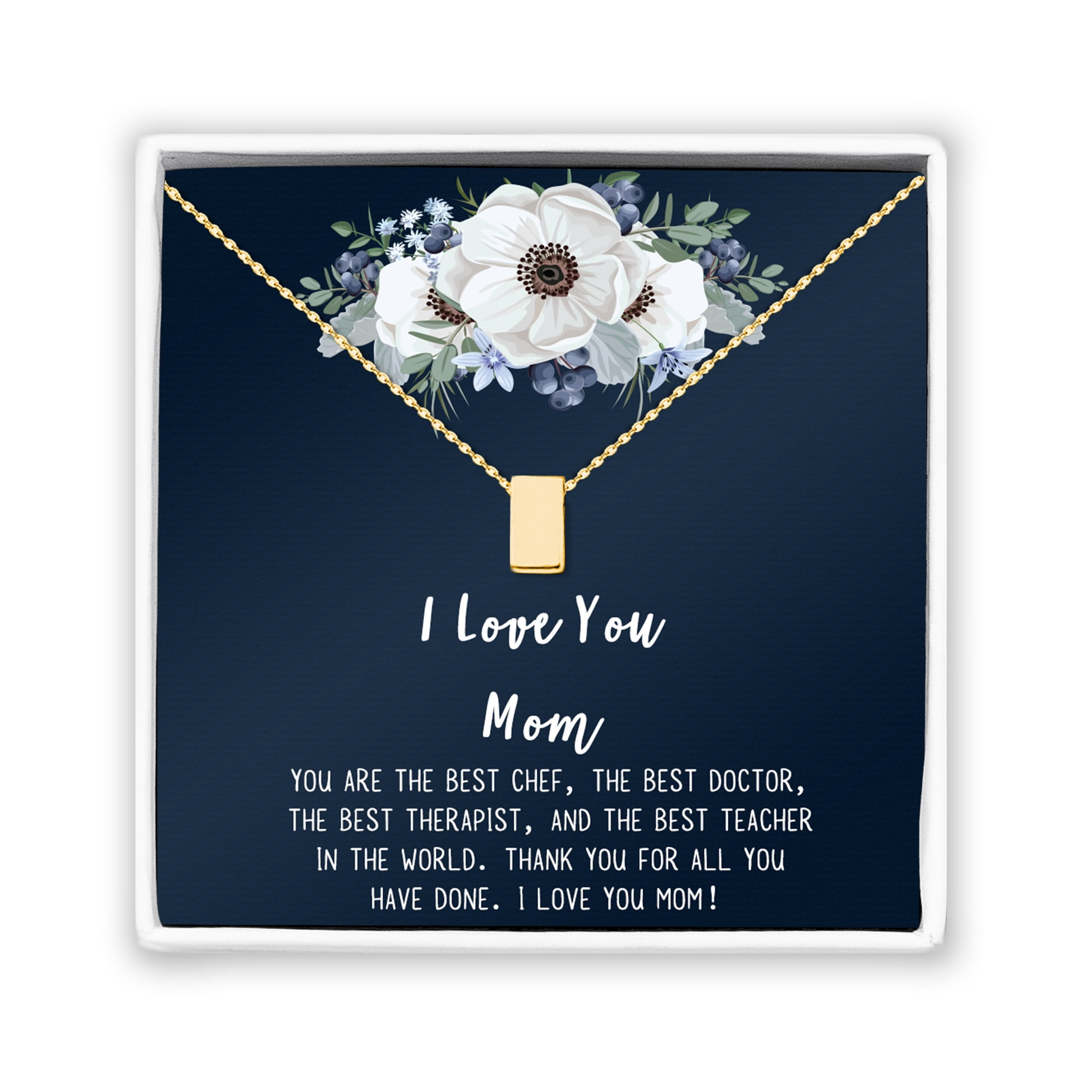 I Love You Mom, Jewelry with Gift Wrapping, Card - Gifts for Mom, Daughter, Birthday, Mothers Day, Gold Cube Necklace for Women [Gold Cube, No-Personalized Card]