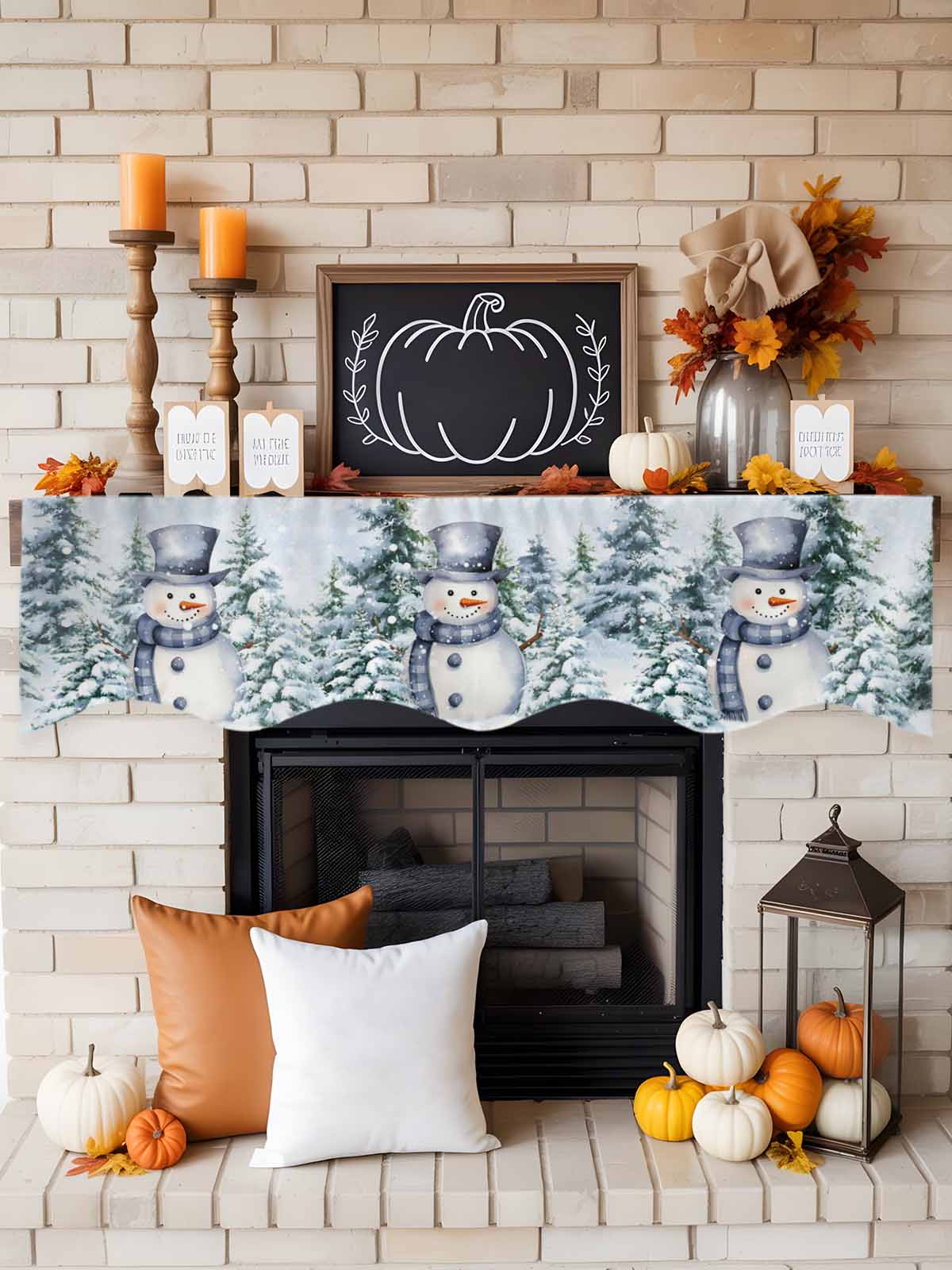 Christmas Blue Snowman Fireplace Mantle Scarf Winter Snow Scene Pine Tree Forest Bird Mantel Cover Runner Fireplace Cloth for Holiday Party Home Living Room Decor 70 x 17 Inch