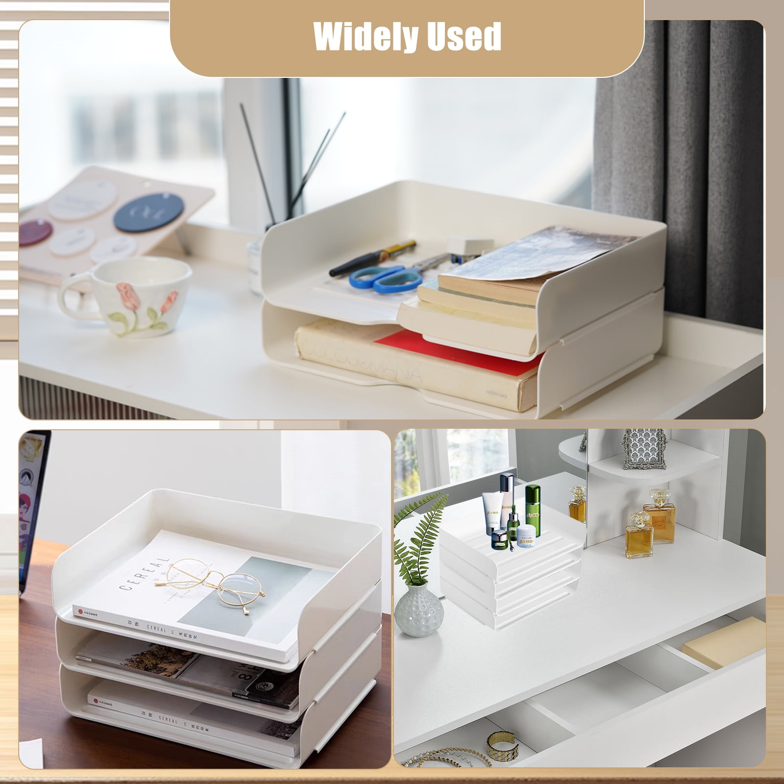 Stackable Paper Trays 4 Pack, Desk Letter Tray Set with 4 File Bags, Stackable Desk Organizer for Books, Magazines, Folders, A4 Size File Paper, Notes, Pens (White)