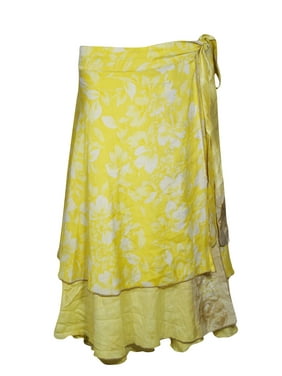 Mogul Women Lemon Yellow Silk Sari Wrap Skirt Two Layer Vintage Printed Beach Bikini Cover Up Resort Wear Sarong Dress