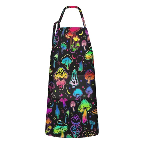 Colorful Mushroom Star Black Pattern Apron-Garden Aprons for Women with Pockets-Cotton Linen Waterproof Kitchen Cooking Gardening Aprons Adjustable for Kitchen,Cooking,BBQ and Salon 33x27 Inch