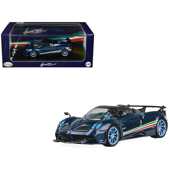 Pagani Huayra Tricolore Blue Carbon Metallic with Black Carbon Top and Italian Flag Stripes 1/64 Diecast Model Car by CM Model