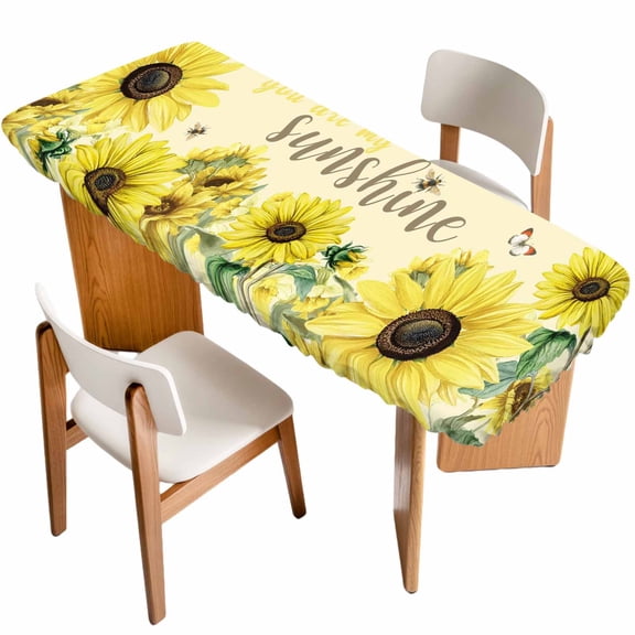 Sunflowers Table Cloths for 8 Foot Rectangle Tables, Spring Botanical Watercolor Blossom Flowers Patio Waterproof Elastic Fitted Tablecloths, Washable Rectangular Table Cover for Camping