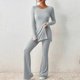 thumbnail image 4 of Conjunto de tops con cuello redondo y pantalón de pierna ancha para mujer, trajes para el hogar sencillos y holgados (gris claro XL), 4 of 9