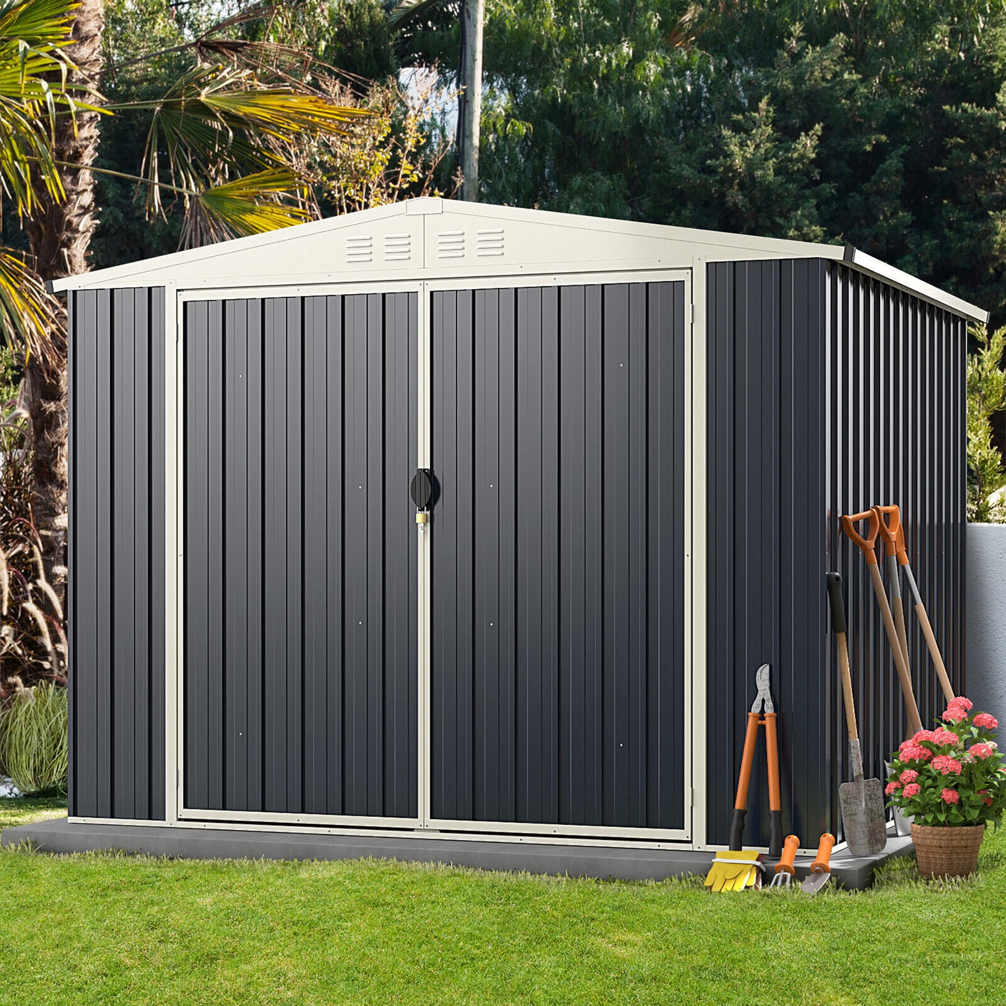 Gymax 8 x 6.3 FT Metal Outdoor Storage Shed w/ Lockable Door Pitched Tool Shed Roof