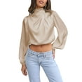 thumbnail image 1 of FOCUSNORM Hauts en Satin Printemps Automne pour Femmes Manches Longues Hauts Courts Col Montant pour Travail, Fête, 1 of 9