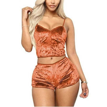 

Qiylii Women 2PCS Pajamas Set Slim Strap Solid Color Sling Crop Top Shorts