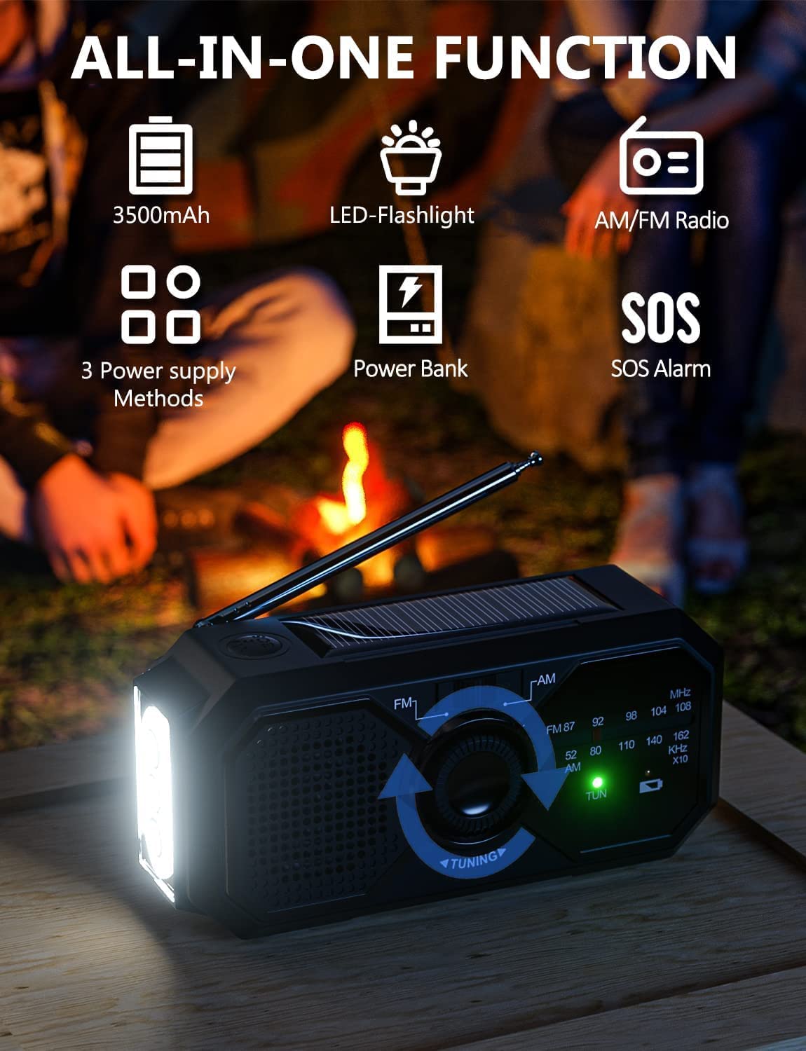 Portable AM/FM Transistor Radio, Emergency Radio with Weather Alert, Solar Radio Emergency Hand Crank with LED Flashlight for Power Outages, Camping, Survival, 3500mWh Portable Power Bank