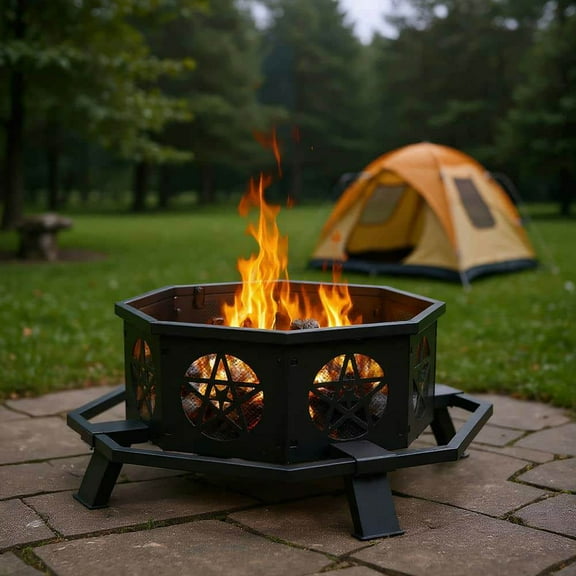 Demifill 43-inch Outdoor Fire Pit, Octagonal Fire Pit with Footrest and Pentagram Ventilation Opening, Versatile Fire Pit for Outdoor Camping, Black