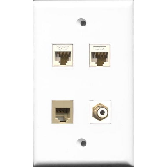 RiteAV 1 Port RCA White and 1 Port Phone RJ11 RJ12 Beige 2 Port Cat6 Ethernet White Wall Plate