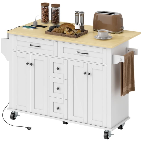55" White Kitchen Island Cart with Power Outlet & Drop Leaf | Rolling Storage Island for Cooking & Dining Rooms