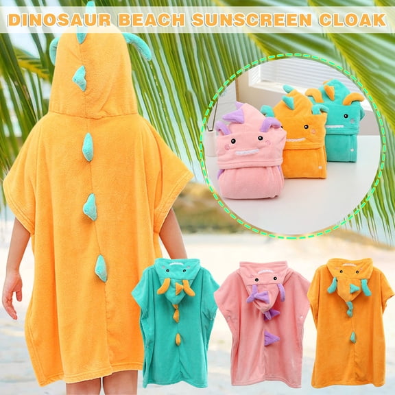 FastXmas Dinosaur Hooded Beach Towel for Kids, 12"x24" Coral Velvet Cute Design Bath Towels with Front Pocket, Soft Skin-Friendly Absorbent Toddler Pool Towel Quick Dry Sand Free Poncho for Swimming