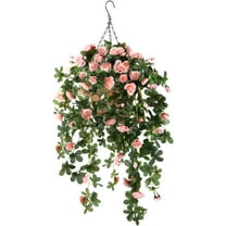 Artificial Vine Silk Azalea Flowers,Hanging Plant in Basket, Ivy Basket Hanging Plant for Patio Lawn Garden Decor (Champagne)