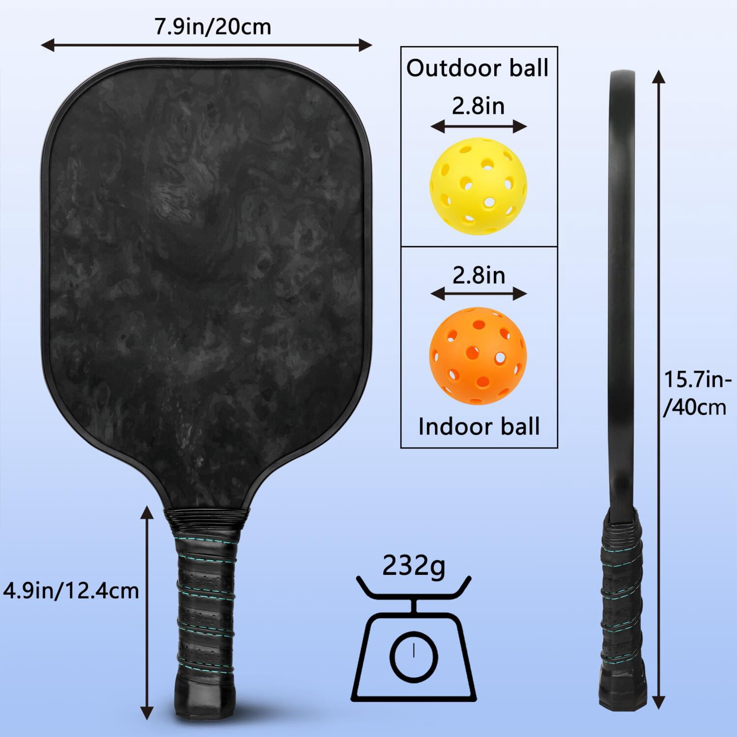 Pickleball Paddles Set Of 2, Fiberglass Surface, Turquoise Marble Pattern, 4 Balls & Bag