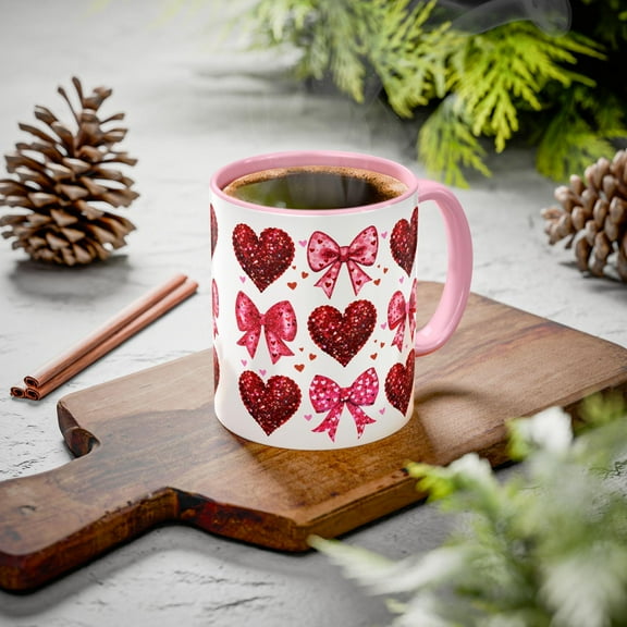 Valentine's Day Mug, Coquette Hearts Bows Red Glitter, Colorful Coffee Cup Gift