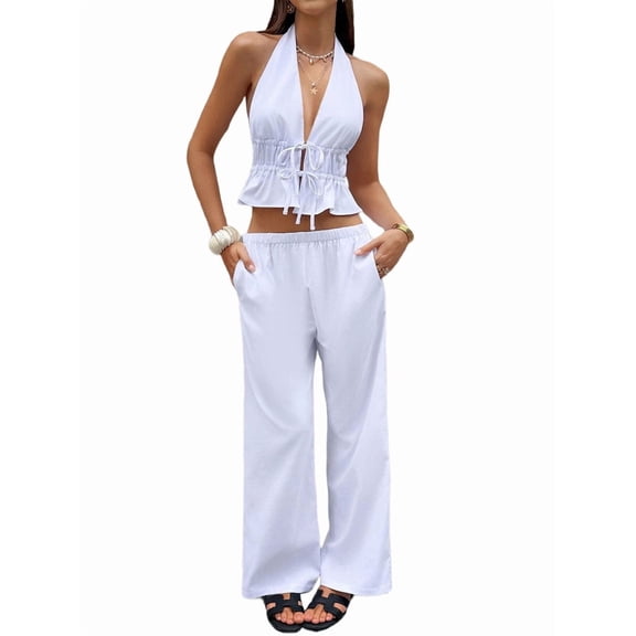 Women'S 2 Piece Camisole Pants Set Casual Summer Outfits White L