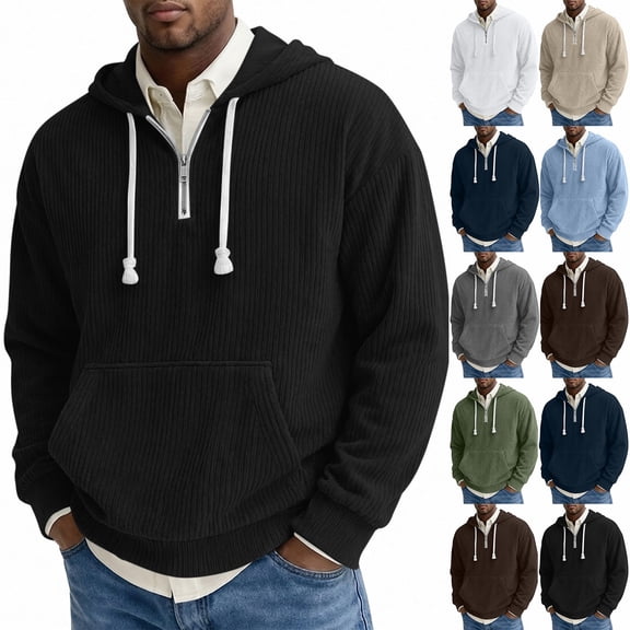 MXALUOB Hooded Sweatshirts for Men Corduroy Textured Quarter Zip Pullover Hoodie Drawstring Solid Color Tops Loose Fit Streetwear