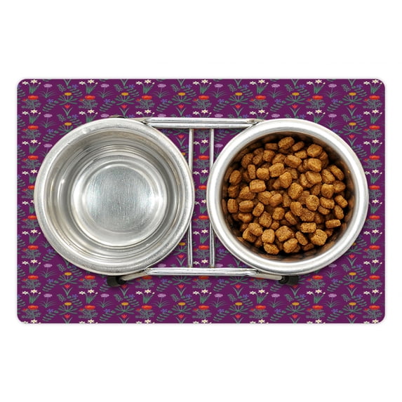 Periwinkle Pet Mat for Food and Water, Illustration of Various Spring Flowers and Leaves Botanical Artwork, Non-Slip Rubber Mat for Dogs and Cats, 18" X 12", by Ambesonne