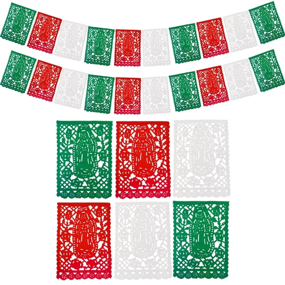 Mexican Flag Fiesta Party Banner with Virgin of Guadalupe, Papel Picado with Virgen de Guadalupe, 2-pack, 30ft