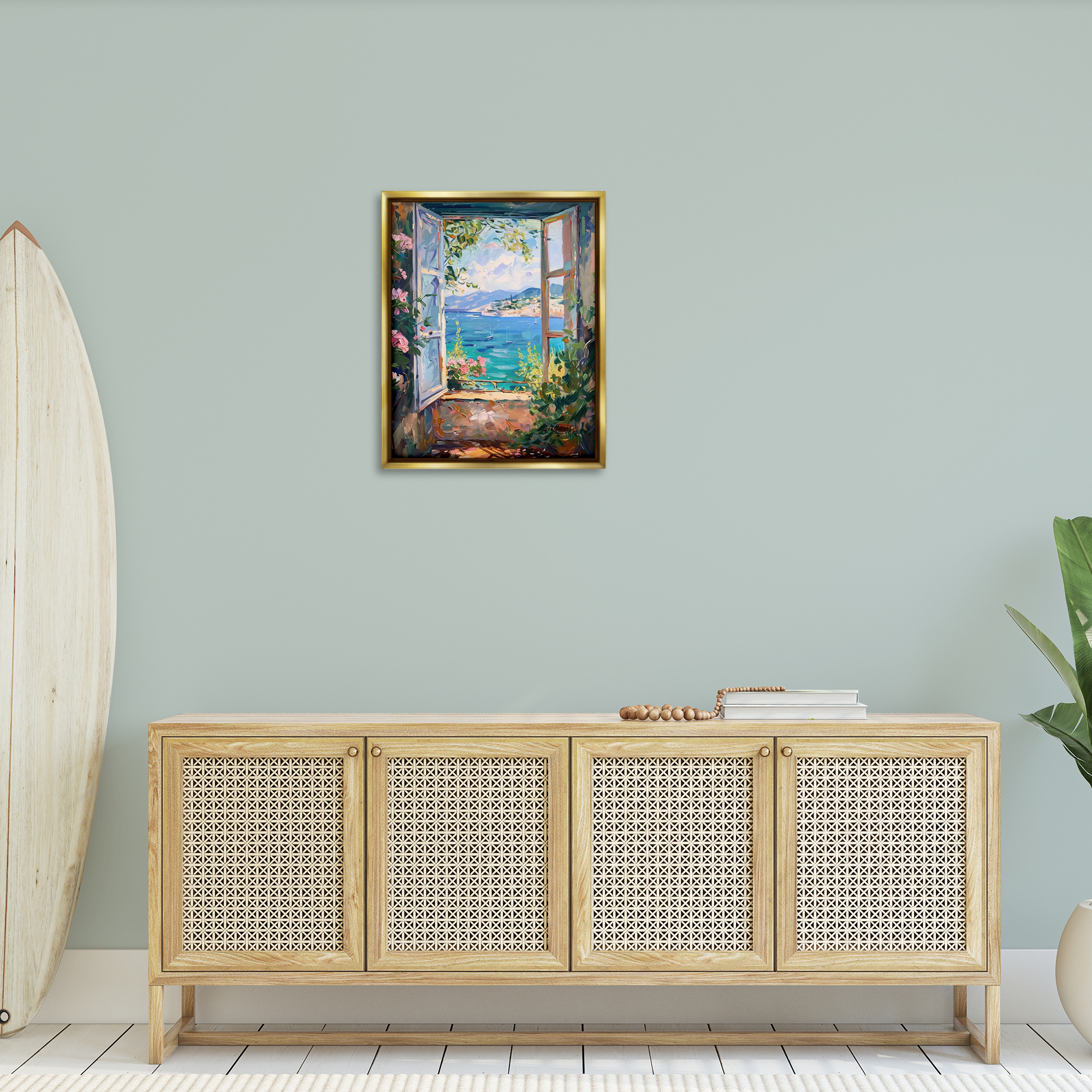 Stupell Industries Window Sea View Landscape & Nature Painting Gold Floater Framed Canvas Art Print Wall Art, 25 x 31