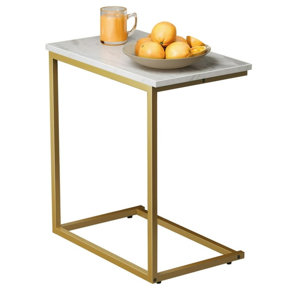 Dreamsmith 27" Golden C-Shaped End Table - Space-Saving Sofa Side Table with Marble Top for Coffee, Laptop & Remote Controls - Versatile Living Room & Bedroom Furniture, Metal Frame, Snack