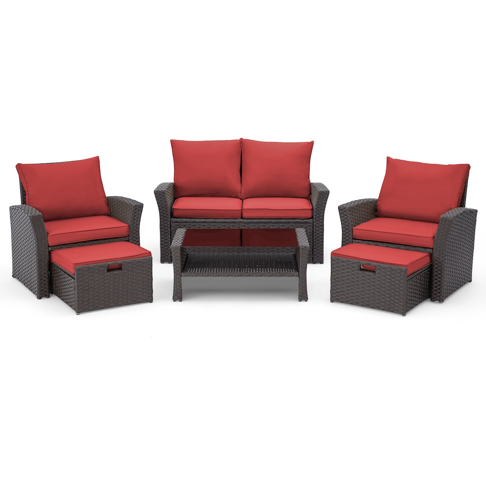 6 Pieces Patio Furniture Set, Outdoor Sectional Conversation Rattan Sofa Set with Ottoman and Outdoor Storage Table for Garden, Porch, Backyard (Red)