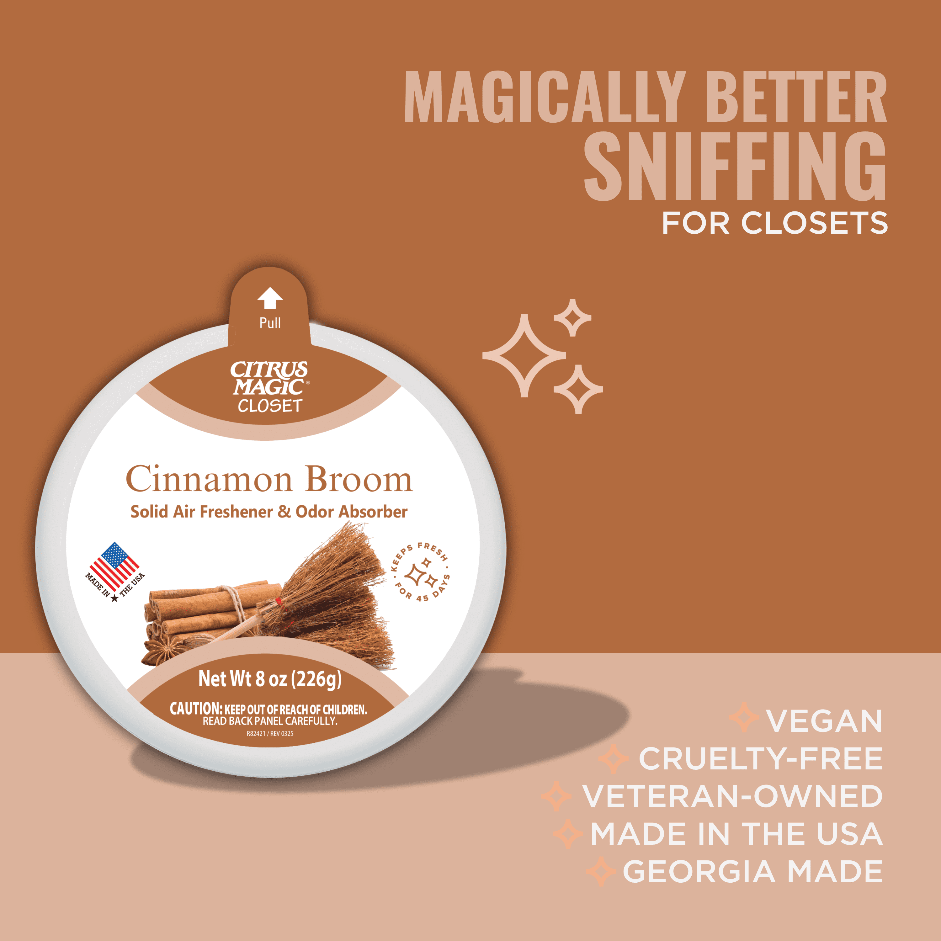 Citrus Magic For Closets Odor Absorbing Solid Air Freshener, Cinnamon Broom, 8-Ounce, Pack of 3