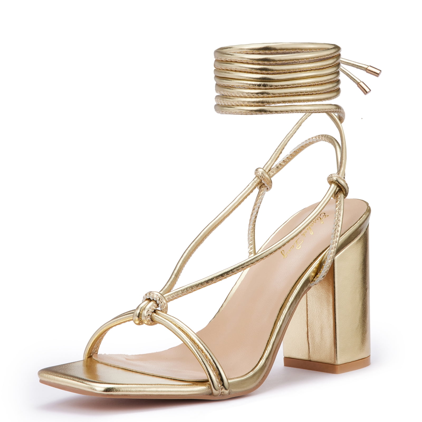 Women's Strappy Chunky Heels Sandals, Lace Up 3 inch Block Heels Gold Size  9 - Walmart.com