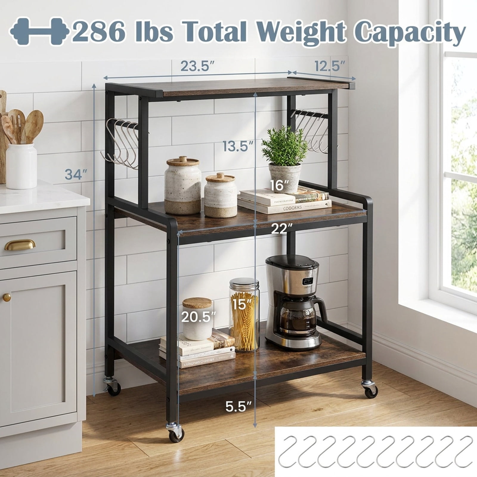 Furnibear 3-Tier Rolling Microwave Cart with Power Outlet and Lockable Wheels and 10 Hooks for Kitchen Dining Home Rolling Utility, Rustic Brown