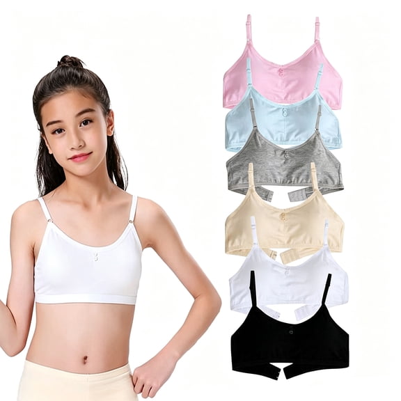 30A & 32A Training Bras for Girls Ages 10-16 6-Pack Soft Non-Wired Crop Tops Breathable Mesh Lining Ideal for Growing Bodies