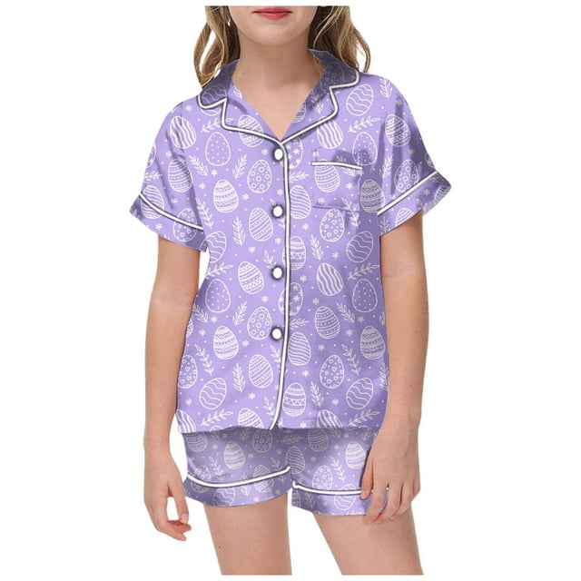 MIASHUI Pyjama en Soie Boutonné pour Garçon et Fille de Pâques 2 Pcs, Violet, 8-9 Ans