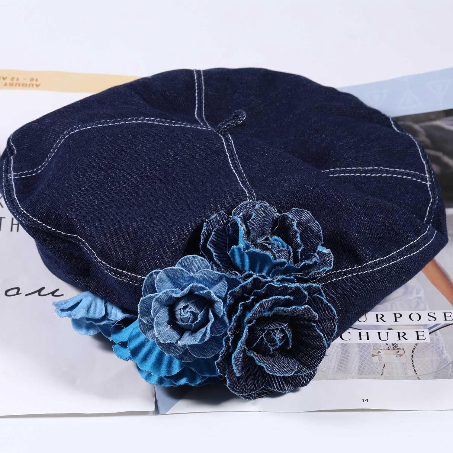 Denim Flower Beret Hat Painter Hat for Women French Hat Artist Hat Casual Sun Hat with Adjustable Strap