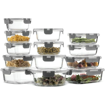 Superior Glass Food Storage Containers Set 24-Piece - Newly Innovated Hinged BPA-free Locking lids - 100% Leak Proof Glass Meal Prep Containers, Great on-the-go & Freezer to Oven Safe Food
