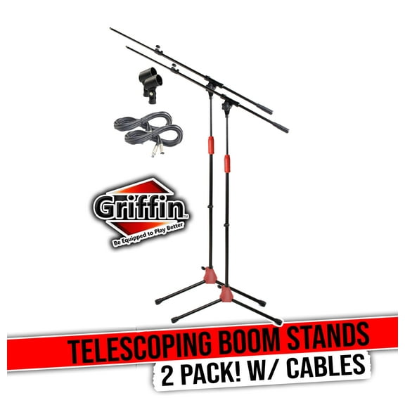 Griffin Microphone Boom Stand with XLR Mic Cable & Clip (Pack of 2) - Telescoping Quality for Studio, Karaoke, Live Performances, Conferences - 20 ft Pro Audio Mic 3-Pin Cord Patch
