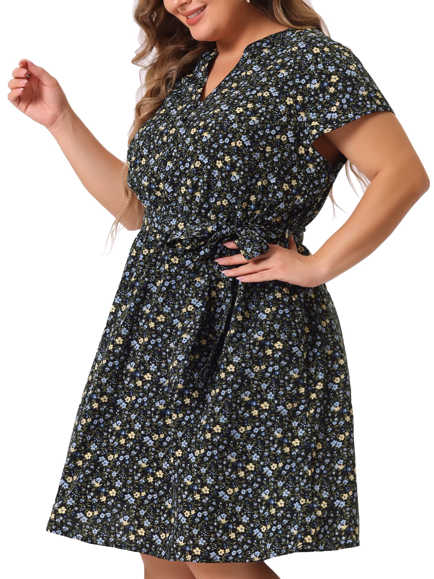 DARING DIVA Plus Size Floral V Neck Tie Belted Dress 4X Black Blue