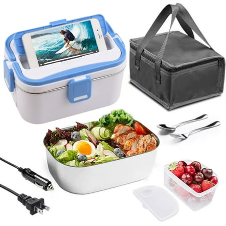 

Heating Lunch Box 1.8L 60W Portable Stainless Steel 110/+/24V Dual Power Supply Interface Stainless Steel Liner Electric Heating Insulation Home Car with Spoon And Fork