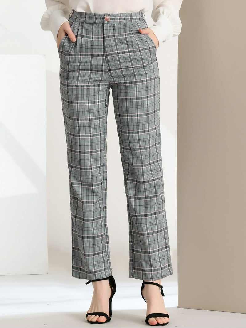 Unique Bargains Women's Plaid Trousers Pockets Straight Leg