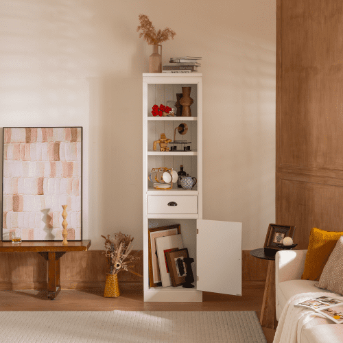 Xukmct Single Door Storage Cabinet with 1 Drawer and 3 Shelf, 75" Tall Display Cabinet for Hallways Living Room, Kitchen, Home, Studio, Workspace, White