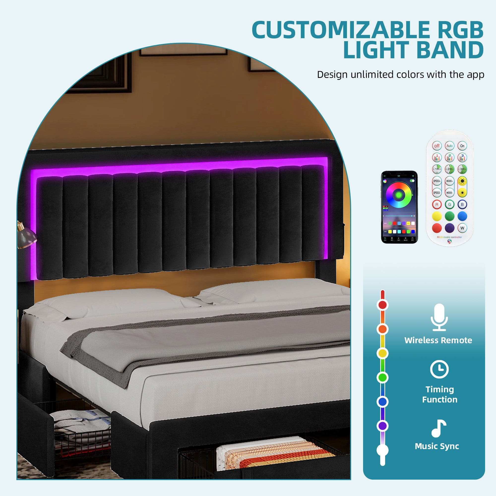 Uforic Queen Size Upholstered Bed Frame with 4 Underbed Storage Drawers, No Box Spring Required, Black