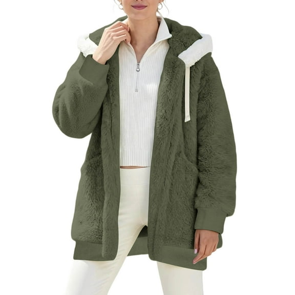 successthop Fuzzy Coat for Women Two Side Fleece Outwear with Pockets Long Sleeve Zip Up Hooded Solid Jacket Green S