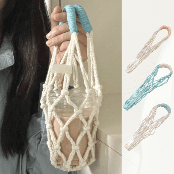 CuiLiyq Handwoven Drink Carrier with Handle, Reusable Single Cup Holder Netting Bag for Travel Coffee Cup Hanging Carry Decoration (Blue)
