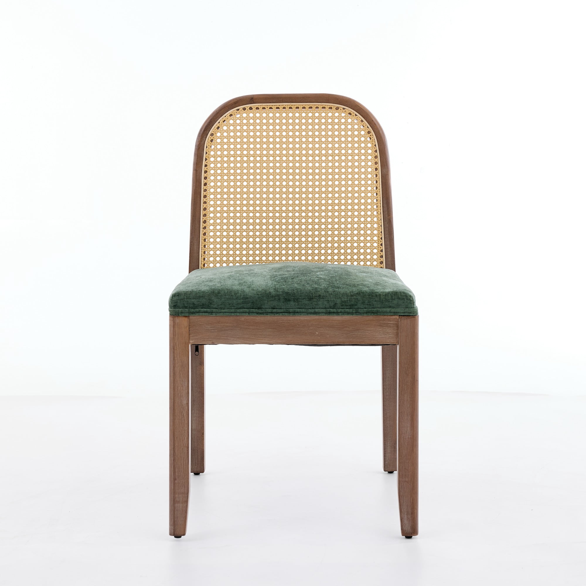 Set of 2 Curved Arched Cane Back Dining Chairs with Chenille Cushion, Mid-Century Farmhouse Side Chairs with Solid Wood Frame, Olive Green